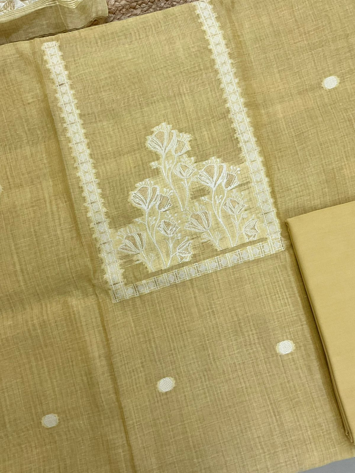 Soft Kora Chanderi Jamdani Weaved Suit - Yellow