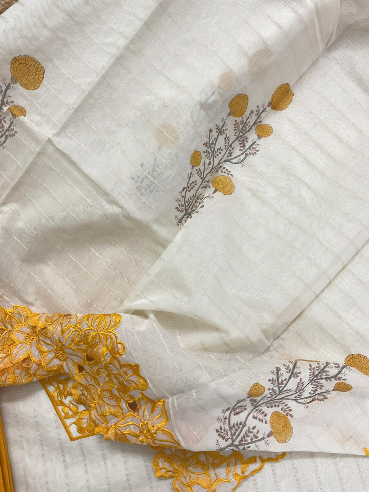 Pure Mul Chanderi Self Weaved Printed Embroidered Suit - Cream