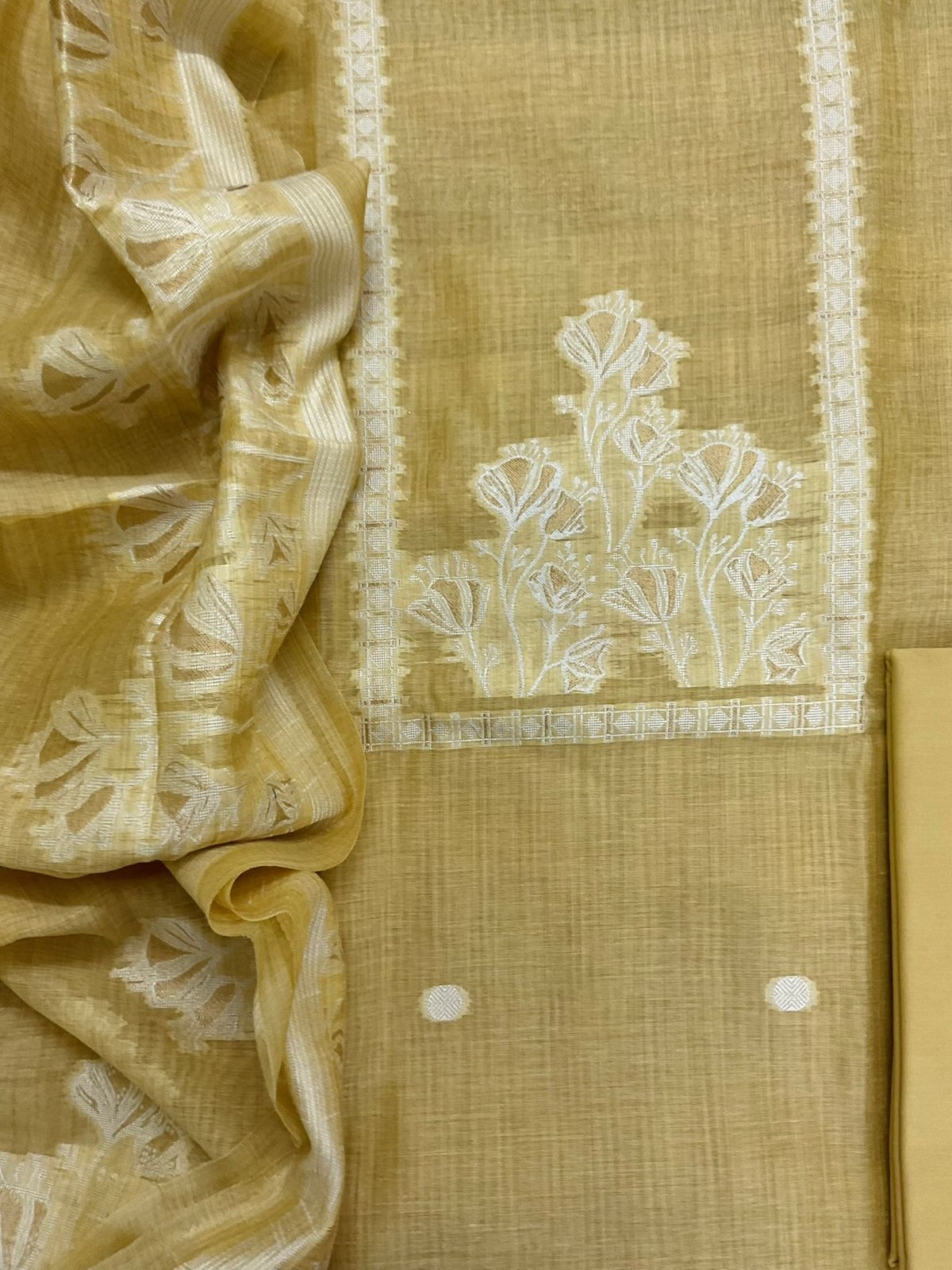 Soft Kora Chanderi Jamdani Weaved Suit - Yellow