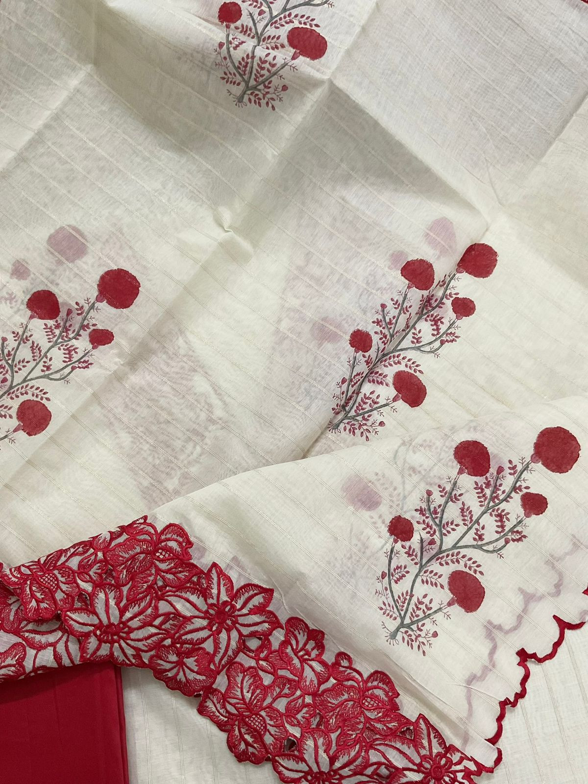 Pure Mul Chanderi Self Weaved Printed Embroidered Suit - Cream