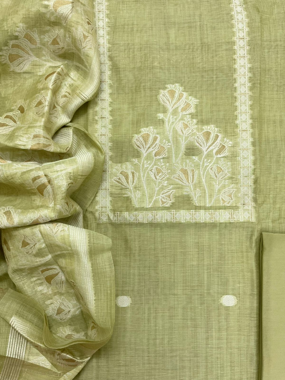Soft Kora Chanderi Jamdani Weaved Suit - Green