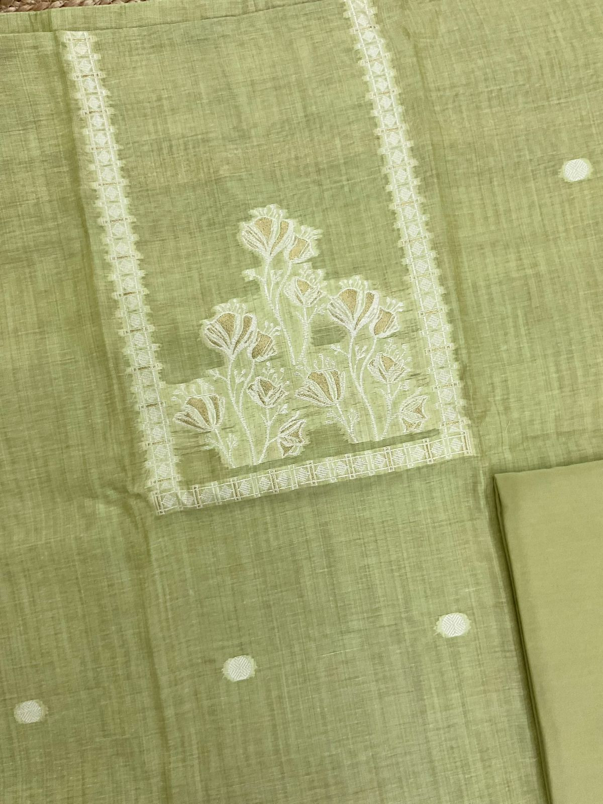 Soft Kora Chanderi Jamdani Weaved Suit - Green