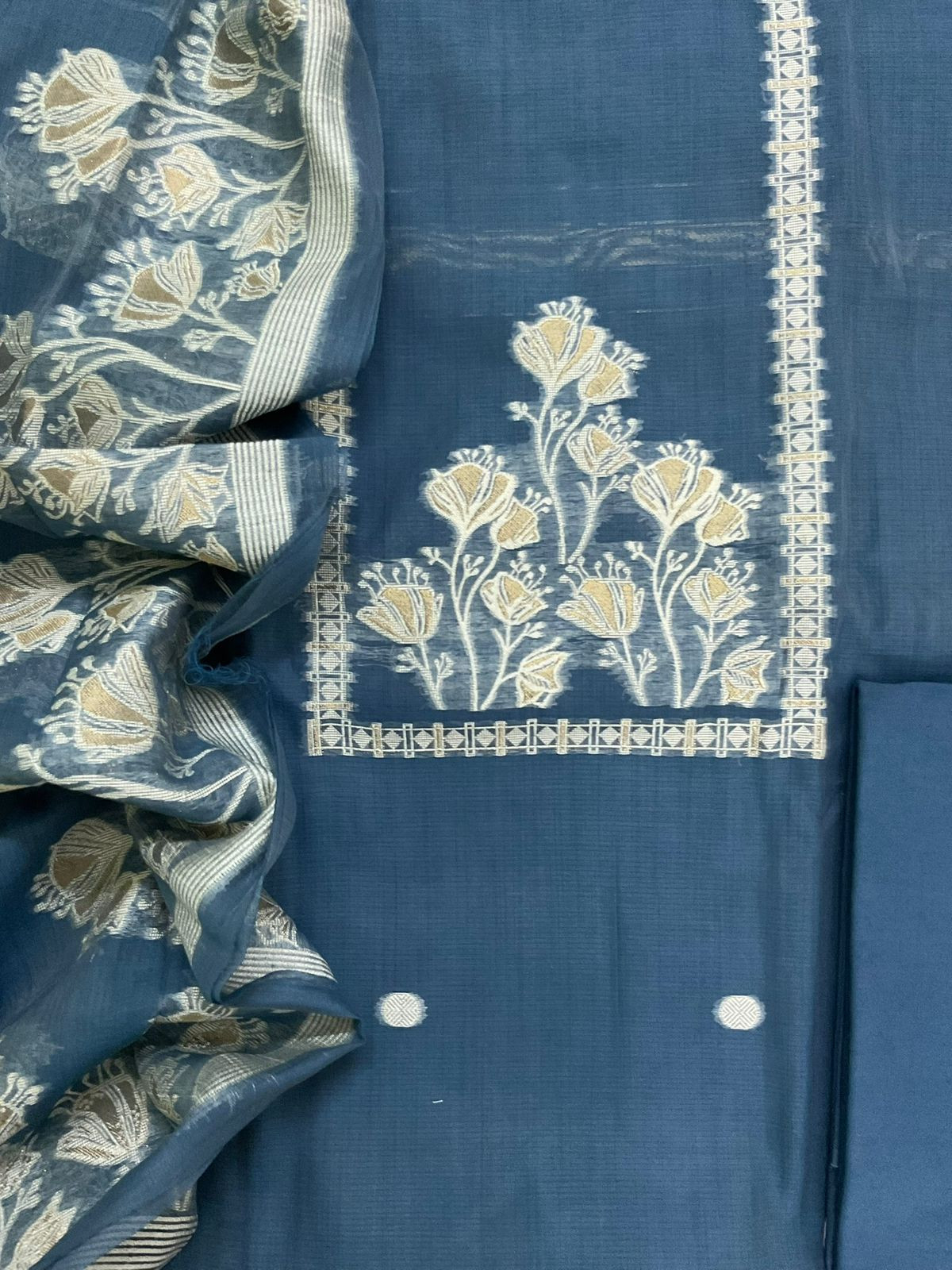 Soft Kora Chanderi Jamdani Weaved Suit - Blue