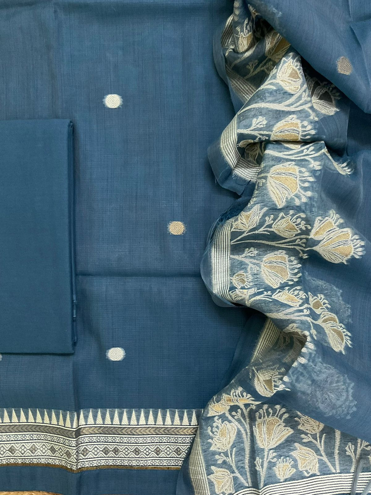 Soft Kora Chanderi Jamdani Weaved Suit - Blue