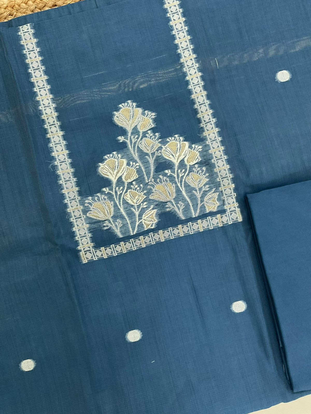 Soft Kora Chanderi Jamdani Weaved Suit - Blue