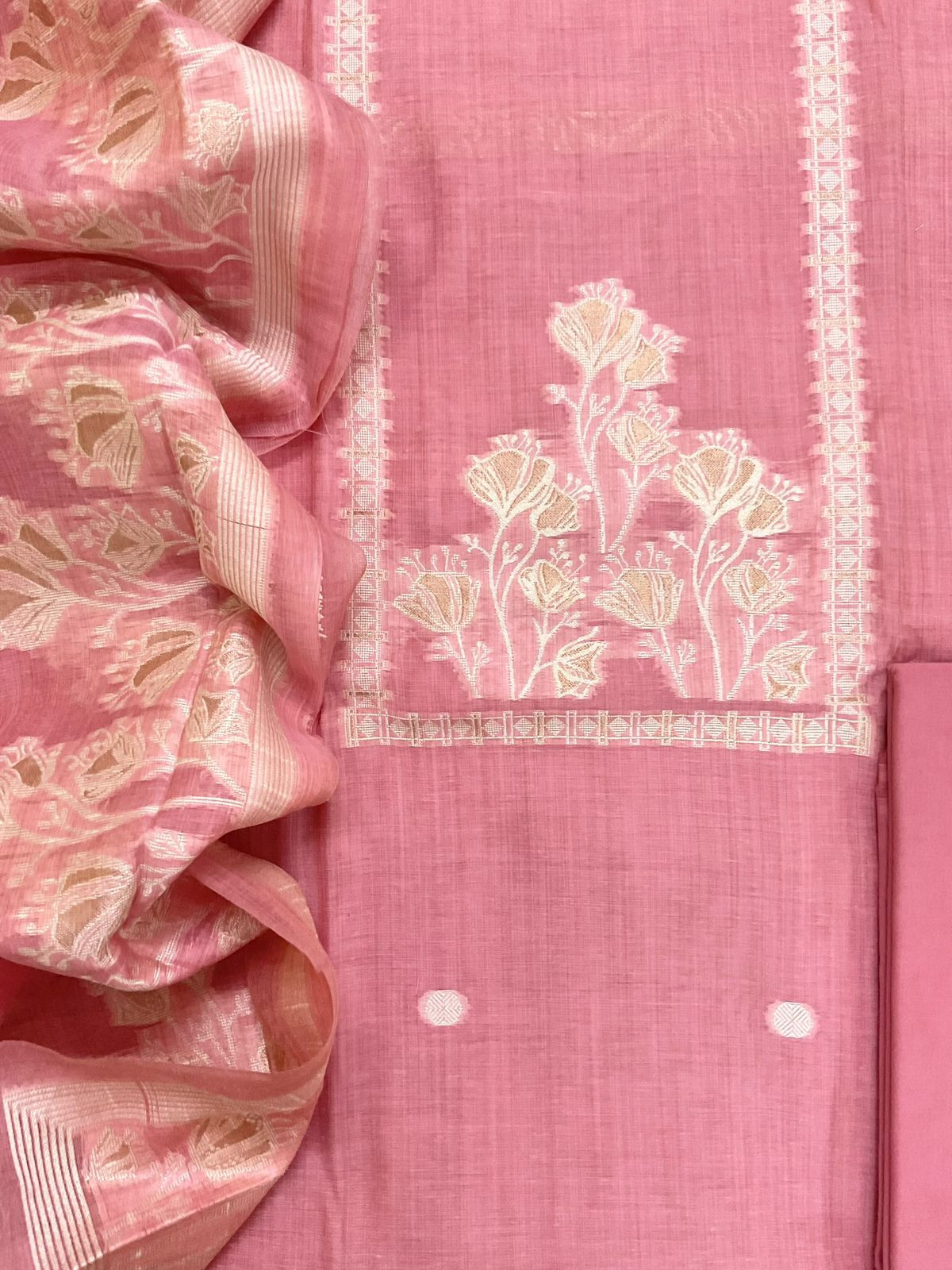 Soft Kora Chanderi Jamdani Weaved Suit - Pink