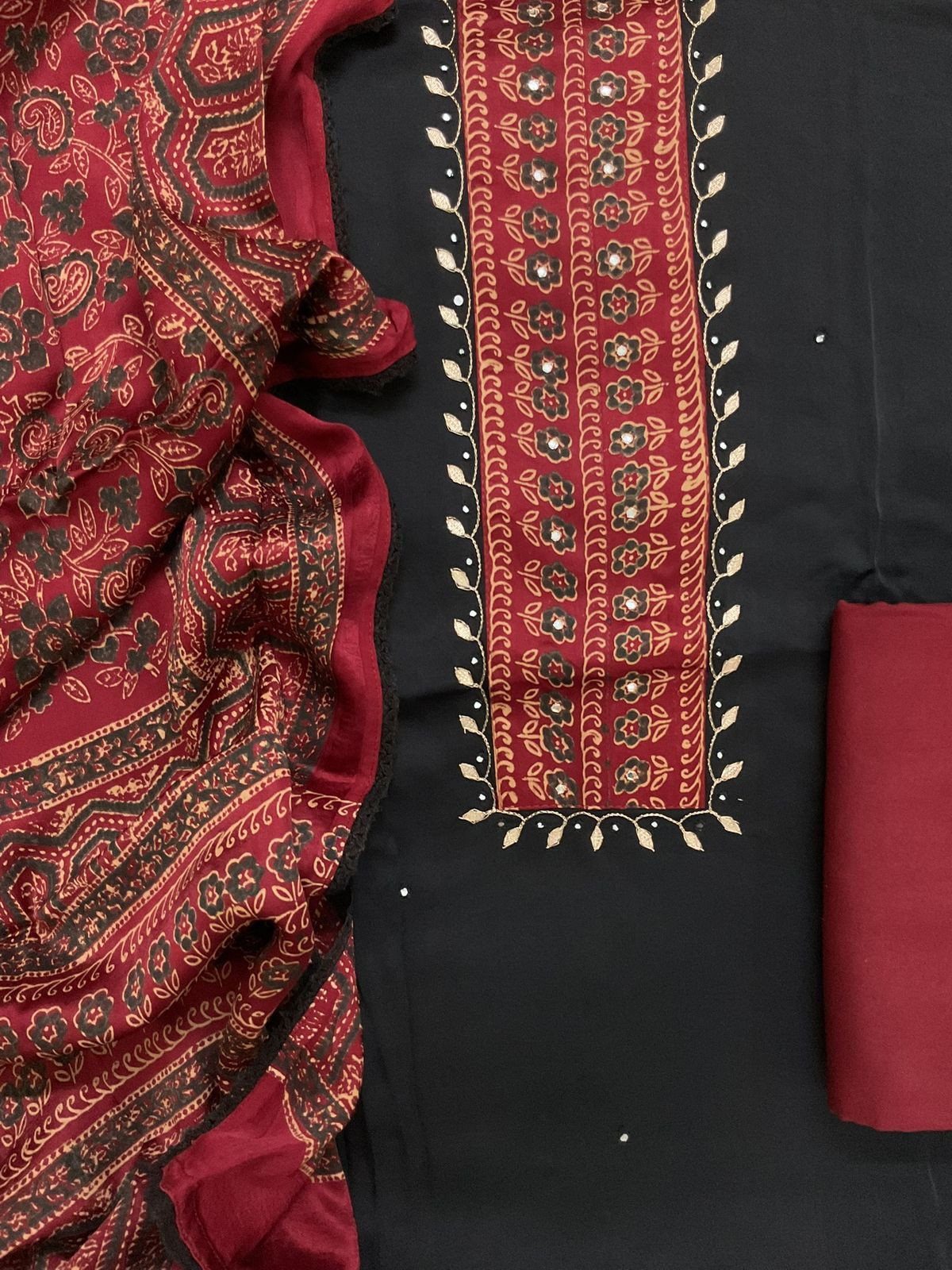 Pure Modal Silk Printed Embroidered Suit - Black