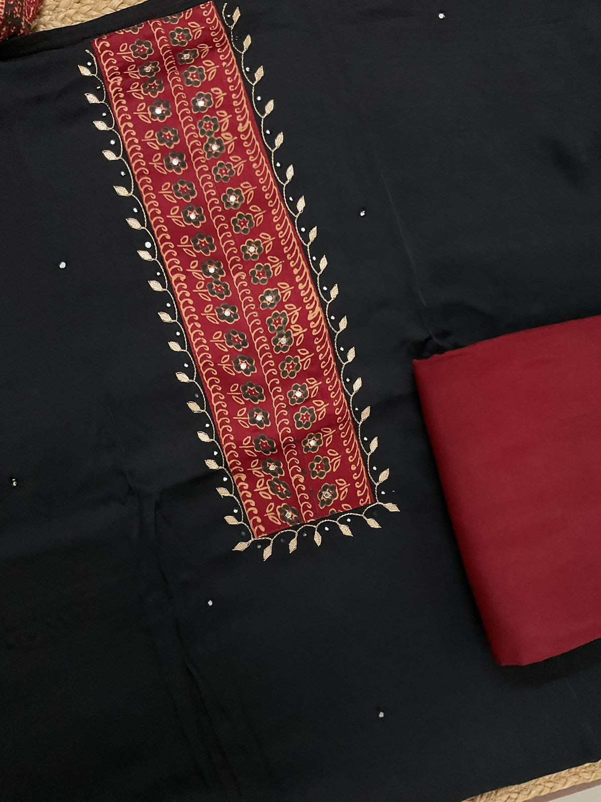 Pure Modal Silk Printed Embroidered Suit - Black