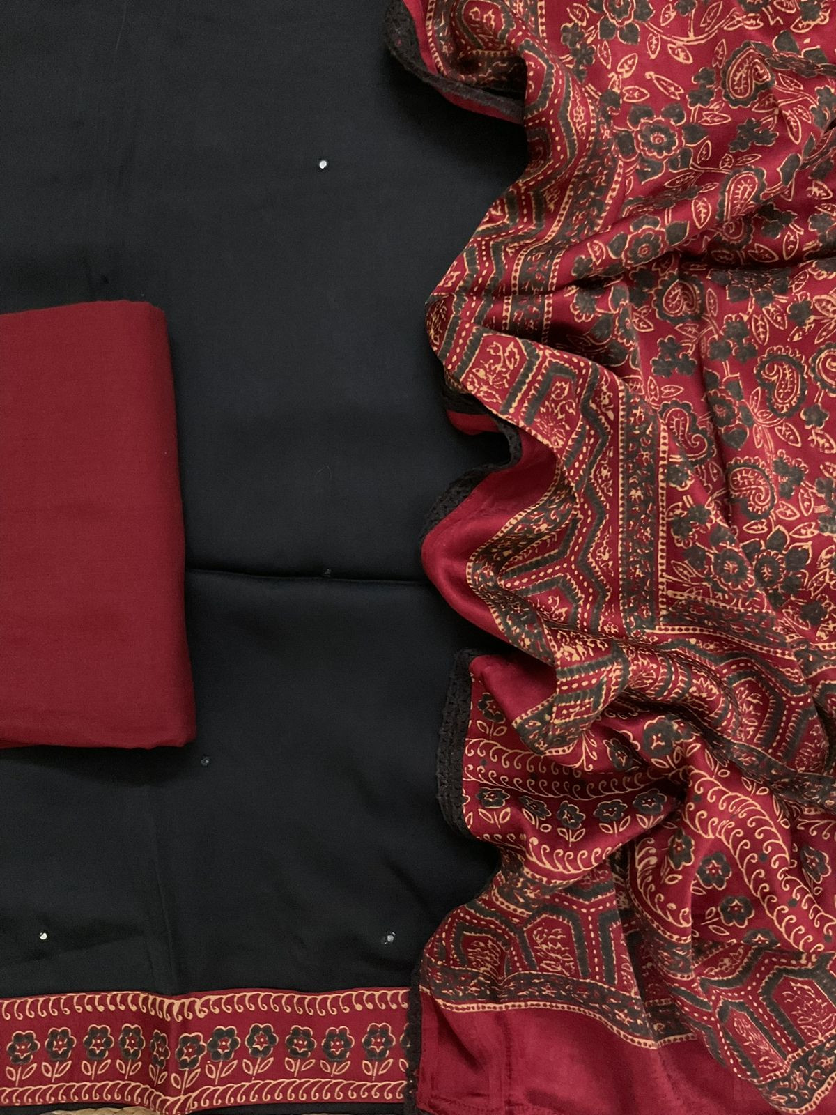 Pure Modal Silk Printed Embroidered Suit - Black