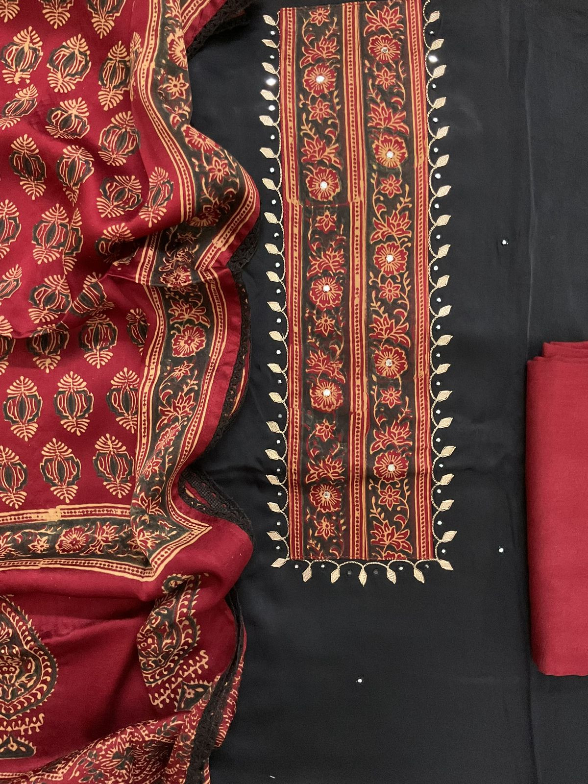 Pure Modal Silk Printed Embroidered Suit - Black