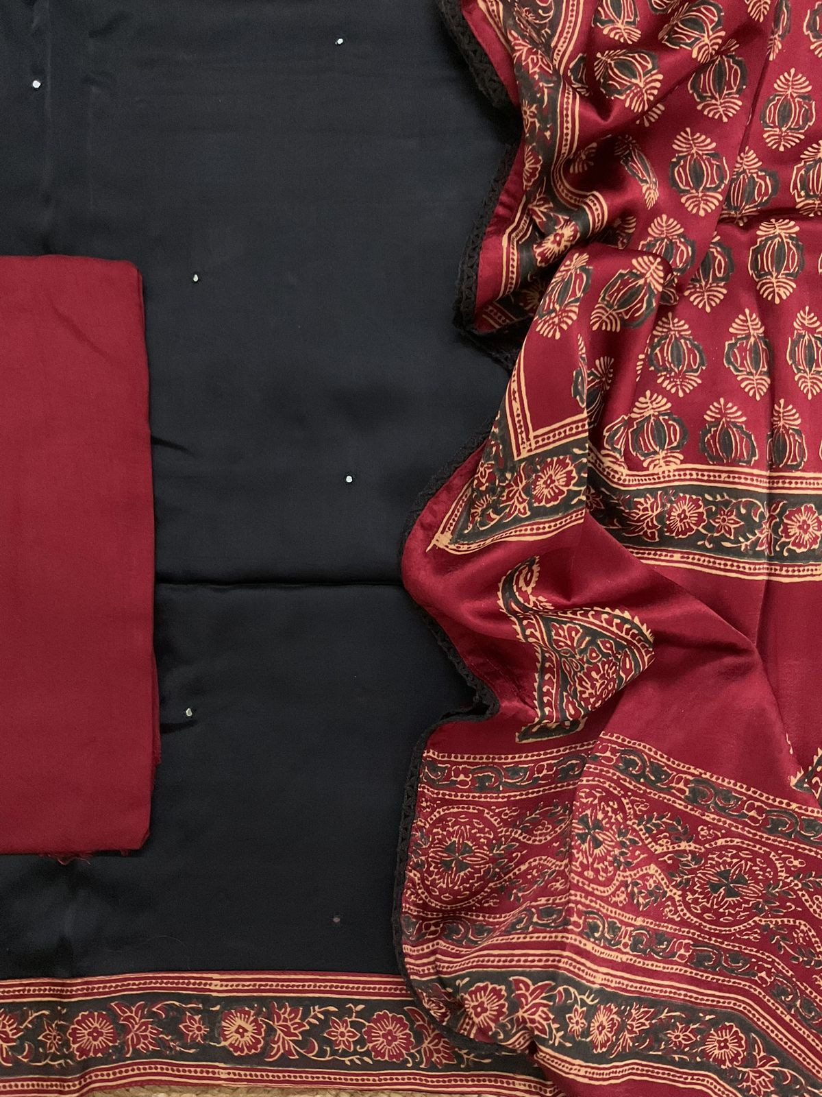 Pure Modal Silk Printed Embroidered Suit - Black