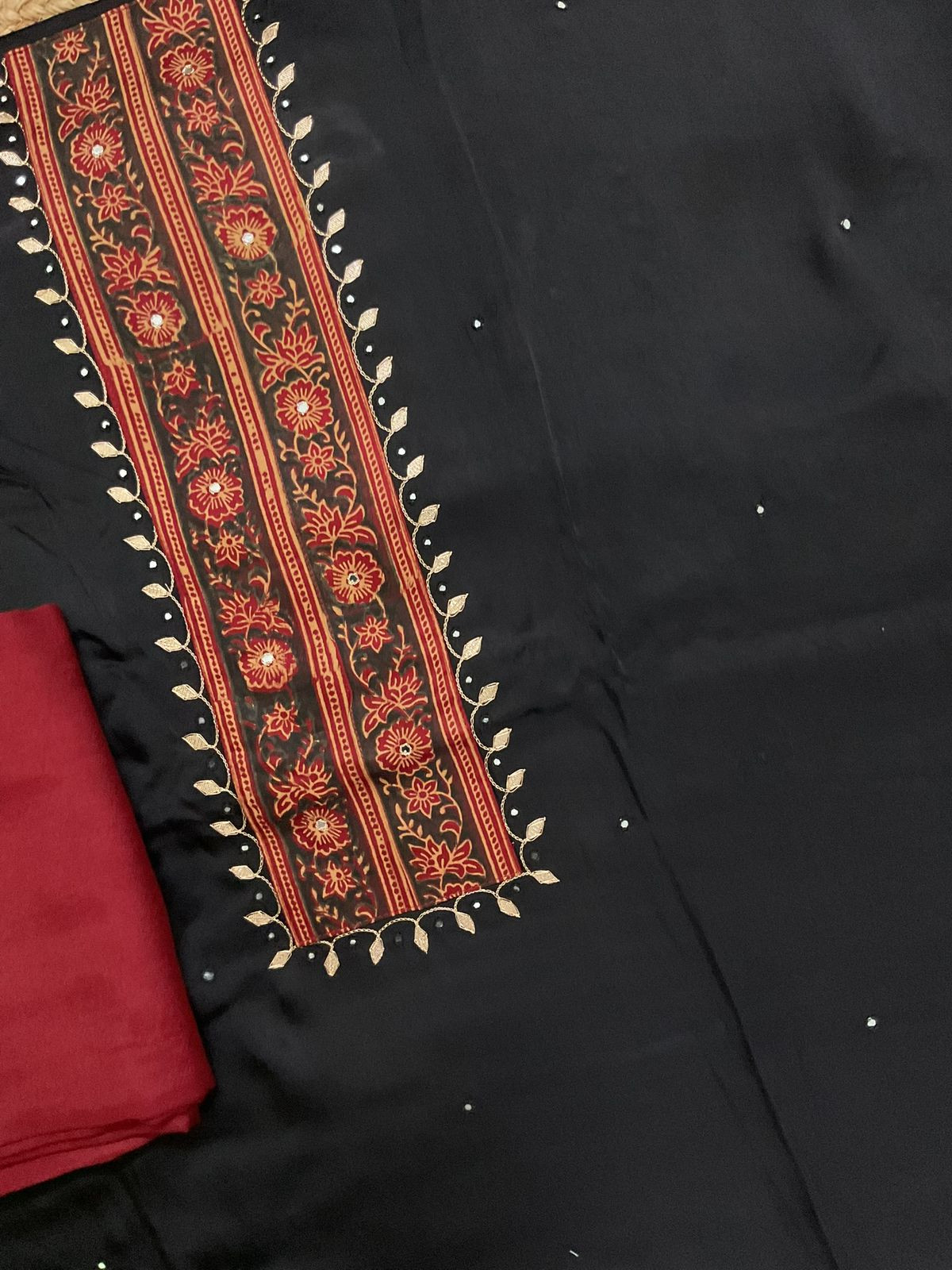 Pure Modal Silk Printed Embroidered Suit - Black