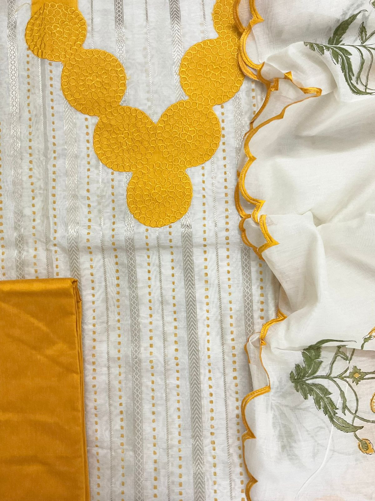 Pure Chanderi Printed Banarasi Weaved Embroidered Suit - Offwhite