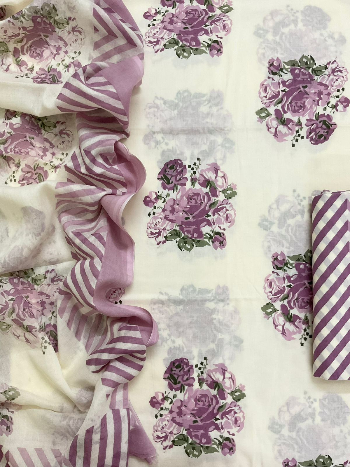 Pure Cotton Printed Suit - Off White