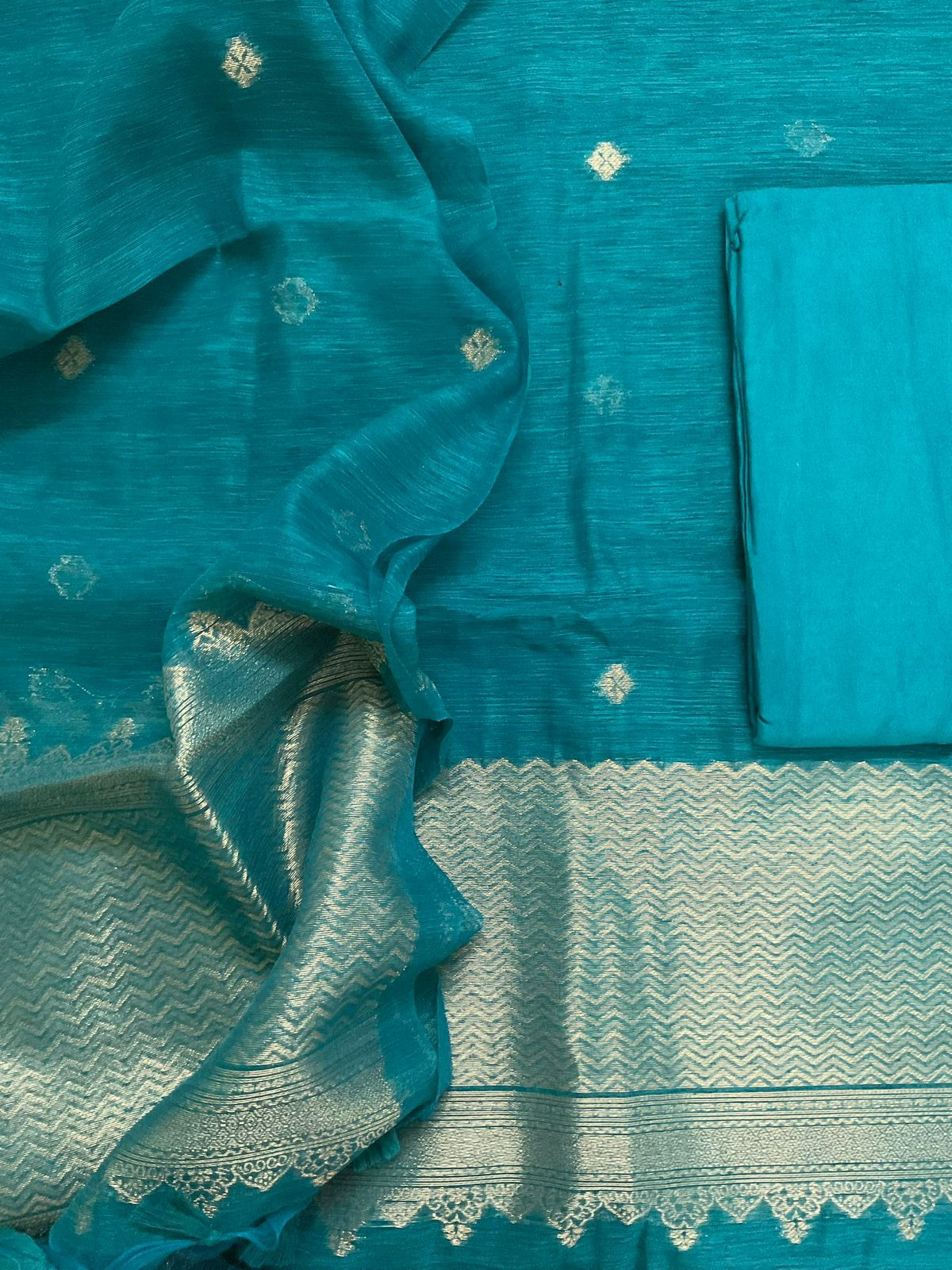 Soft Linen Chanderi Banarasi Weaved Suit - Blue