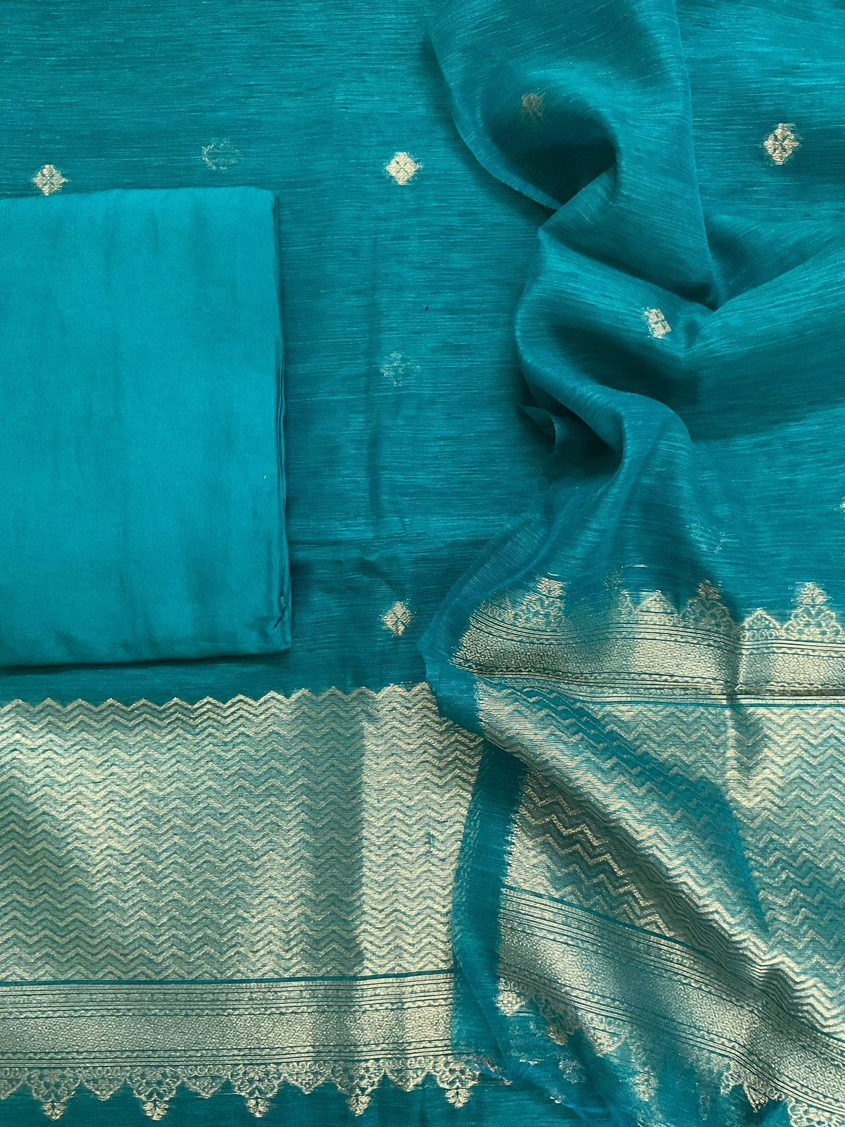 Soft Linen Chanderi Banarasi Weaved Suit - Blue