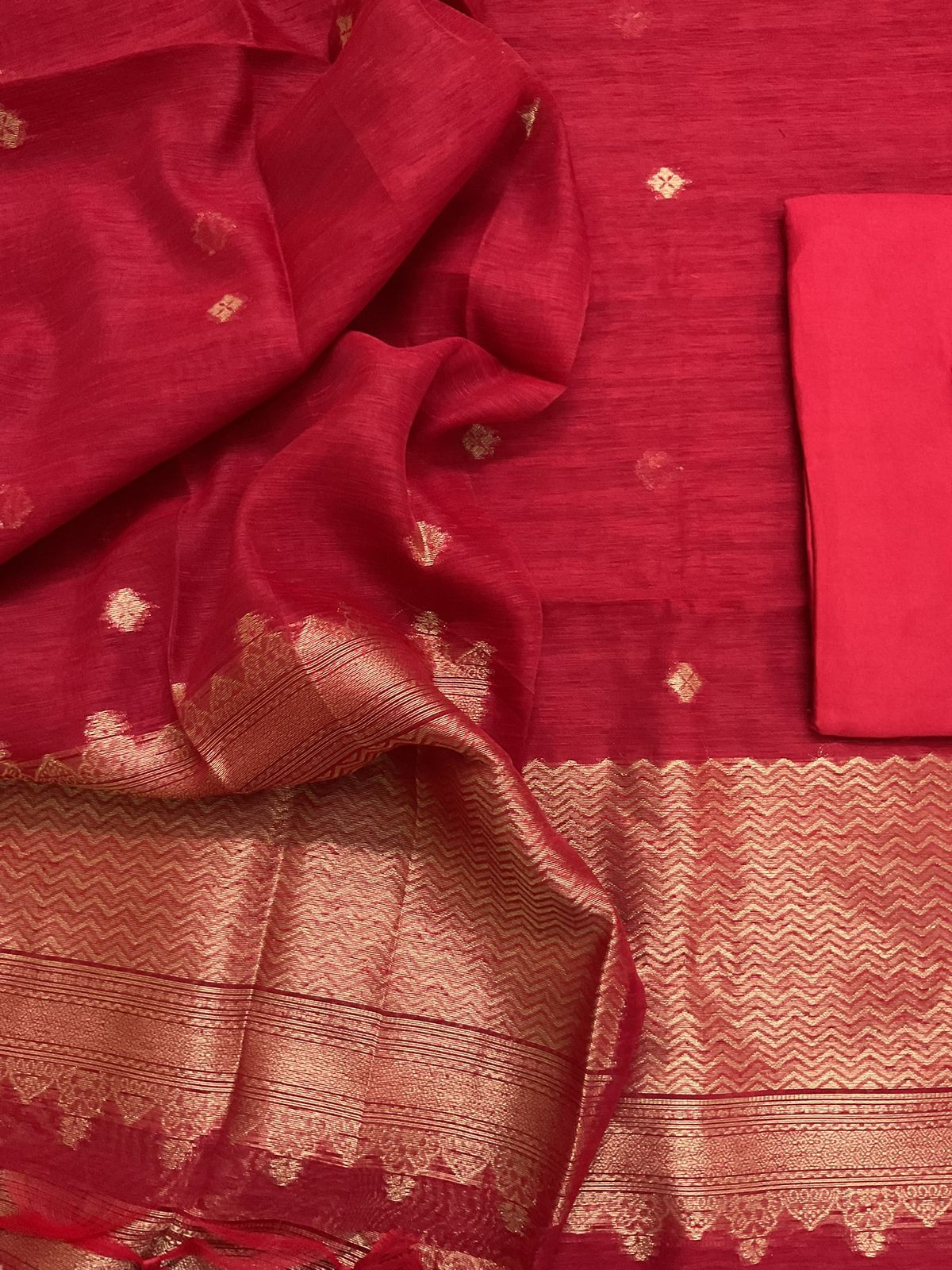 Soft Linen Chanderi Banarasi Weaved Suit - Red
