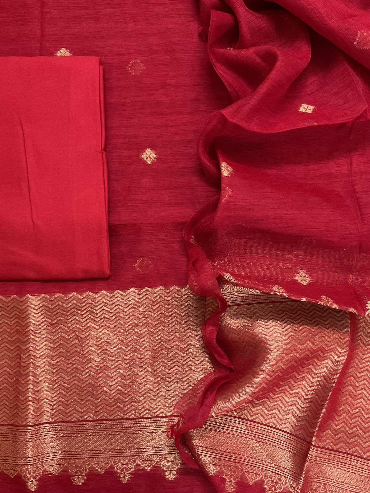 Soft Linen Chanderi Banarasi Weaved Suit - Red