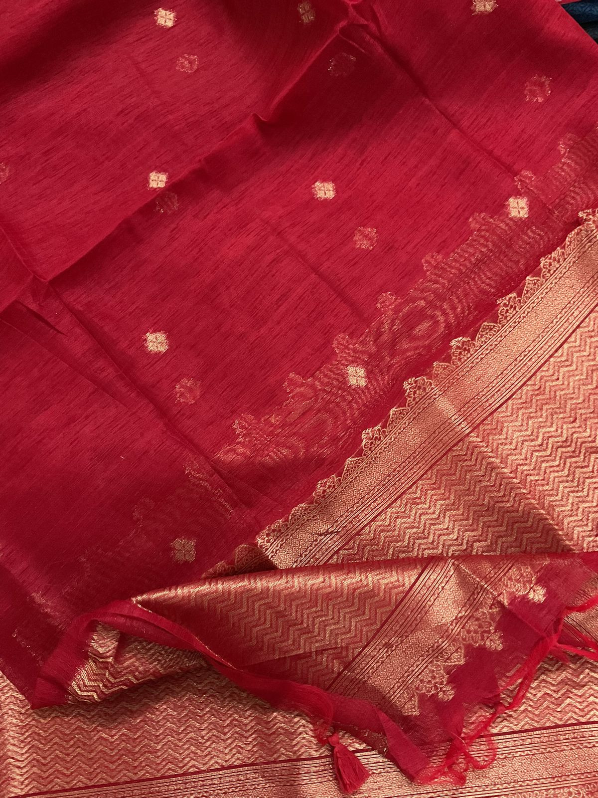 Soft Linen Chanderi Banarasi Weaved Suit - Red