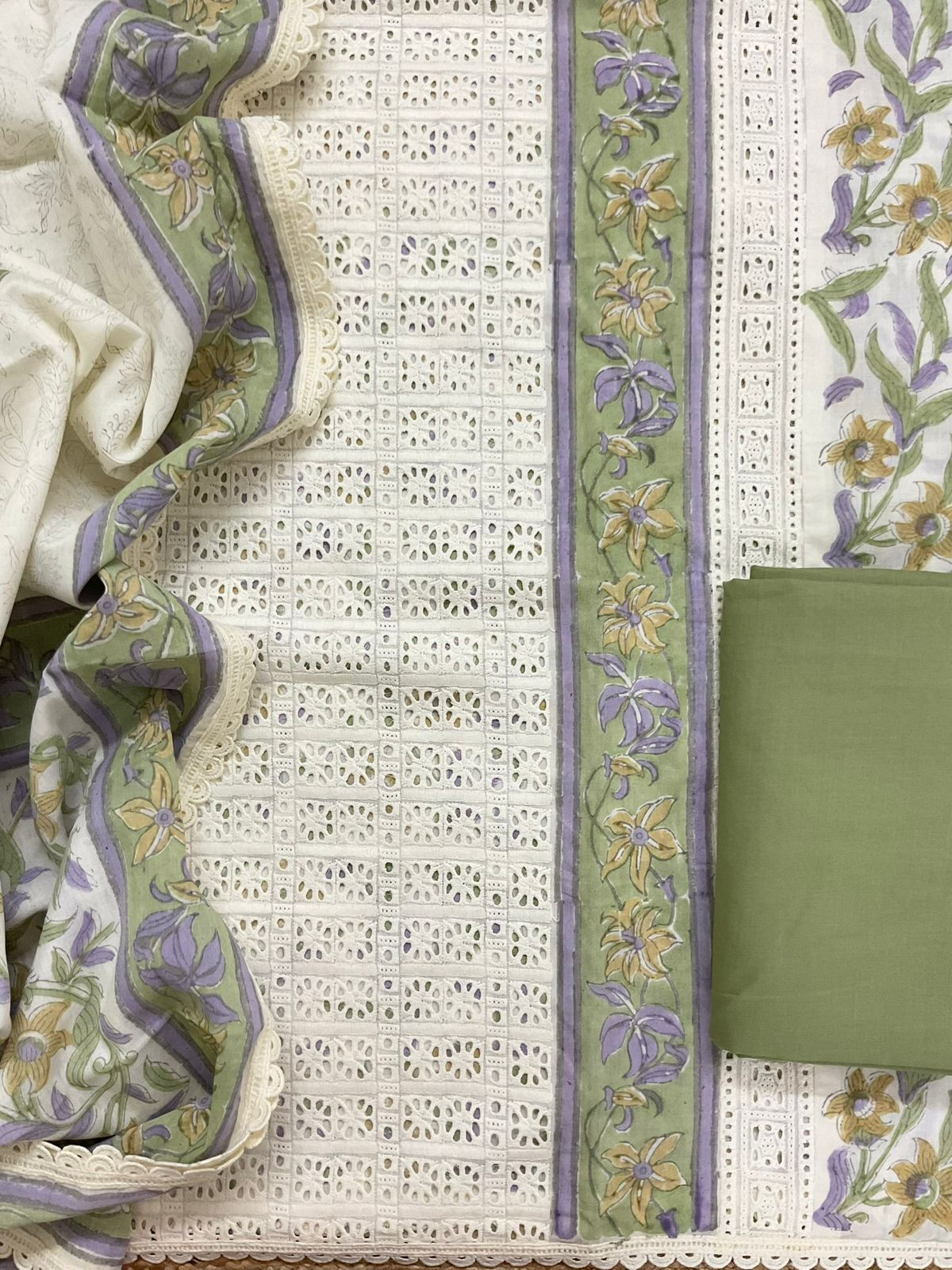 Pure Cotton Block Printed Embroidered Suit - Off White