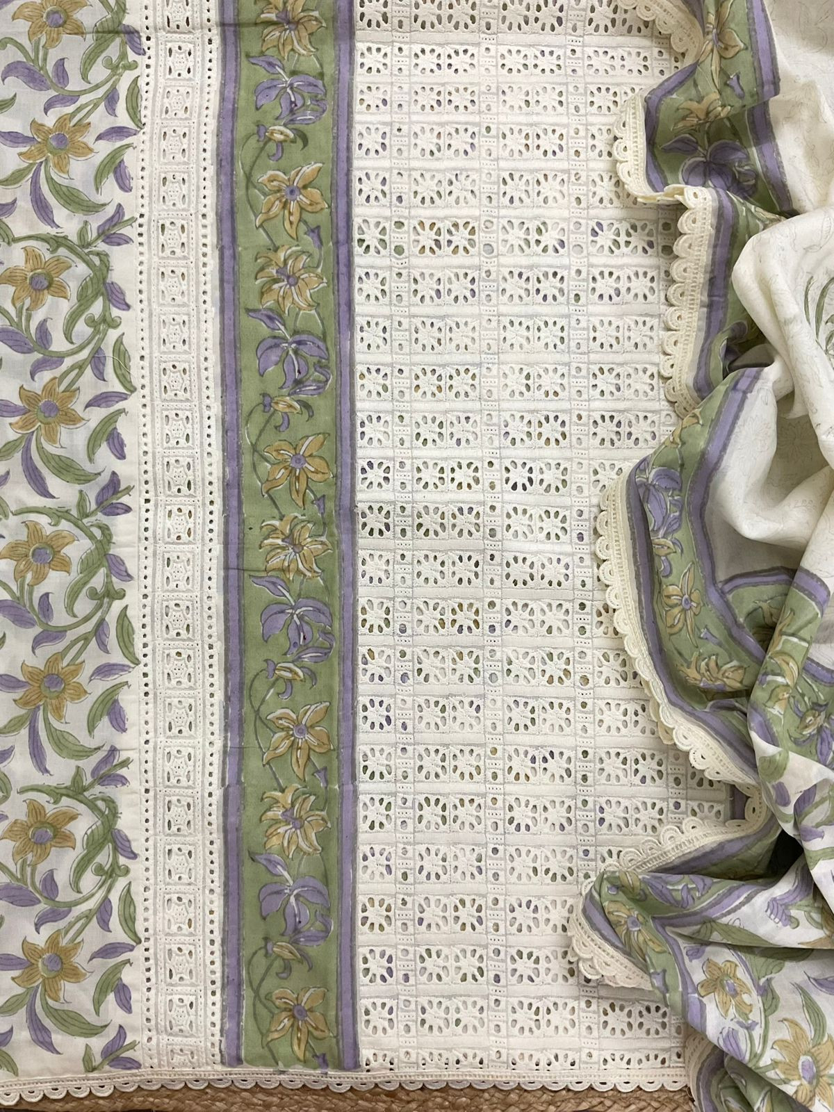 Pure Cotton Block Printed Embroidered Suit - Off White