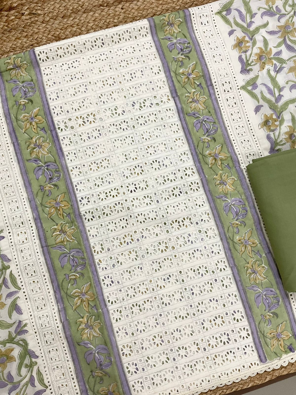 Pure Cotton Block Printed Embroidered Suit - Off White