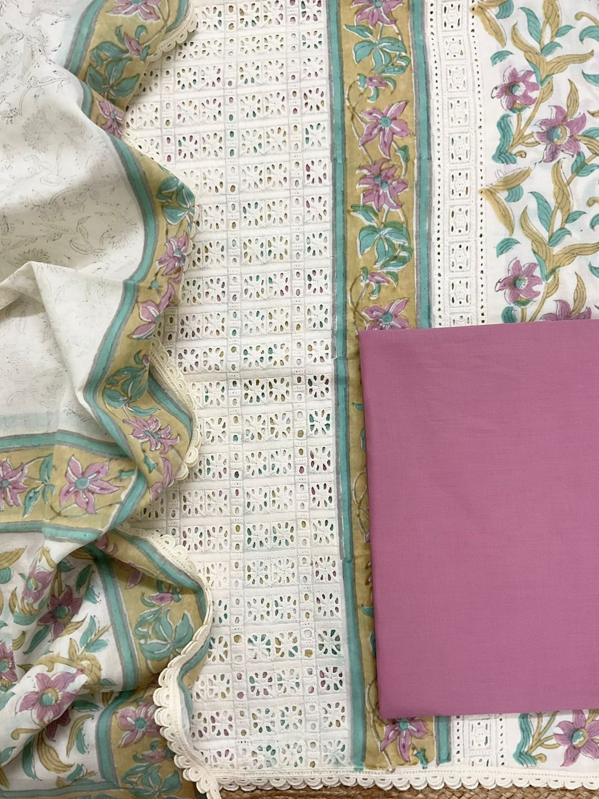 Pure Cotton Block Printed Embroidered Suit - Off White