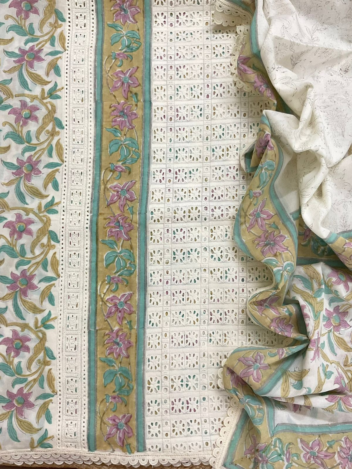 Pure Cotton Block Printed Embroidered Suit - Off White