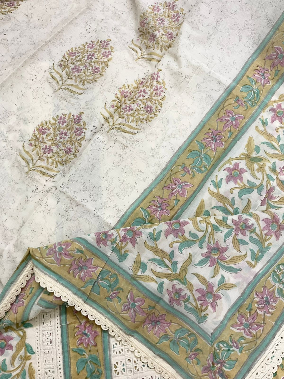 Pure Cotton Block Printed Embroidered Suit - Off White