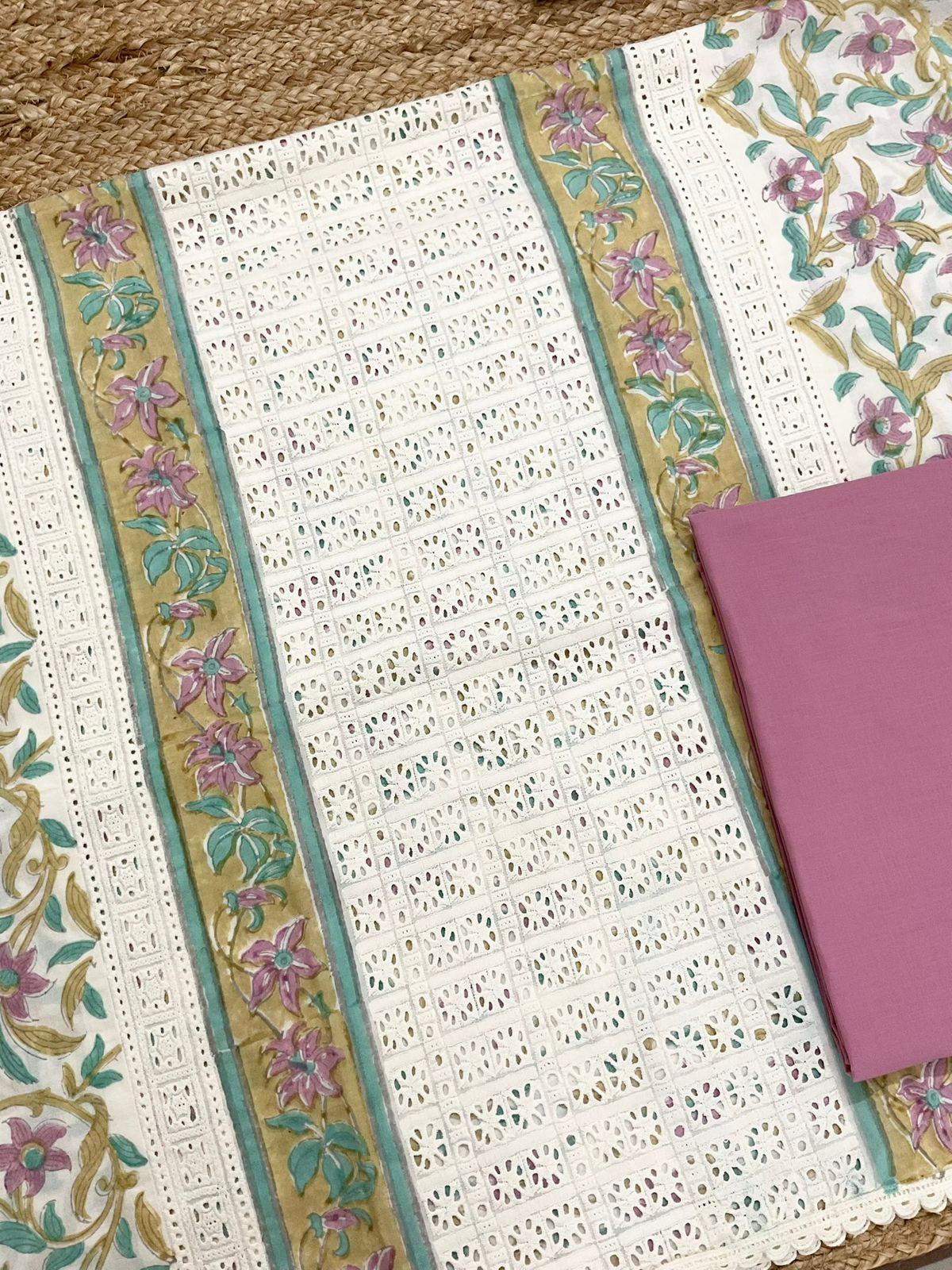 Pure Cotton Block Printed Embroidered Suit - Off White