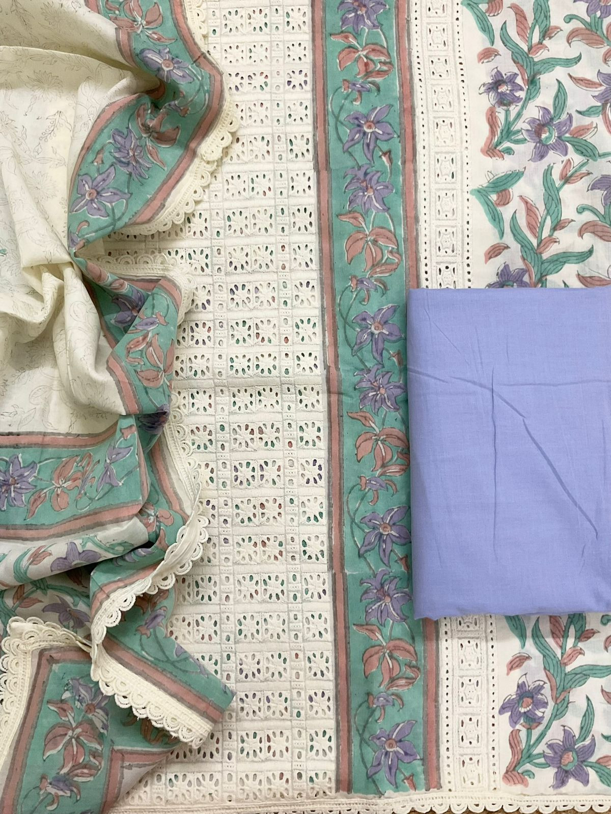 Pure Cotton Block Printed Embroidered Suit - Off White