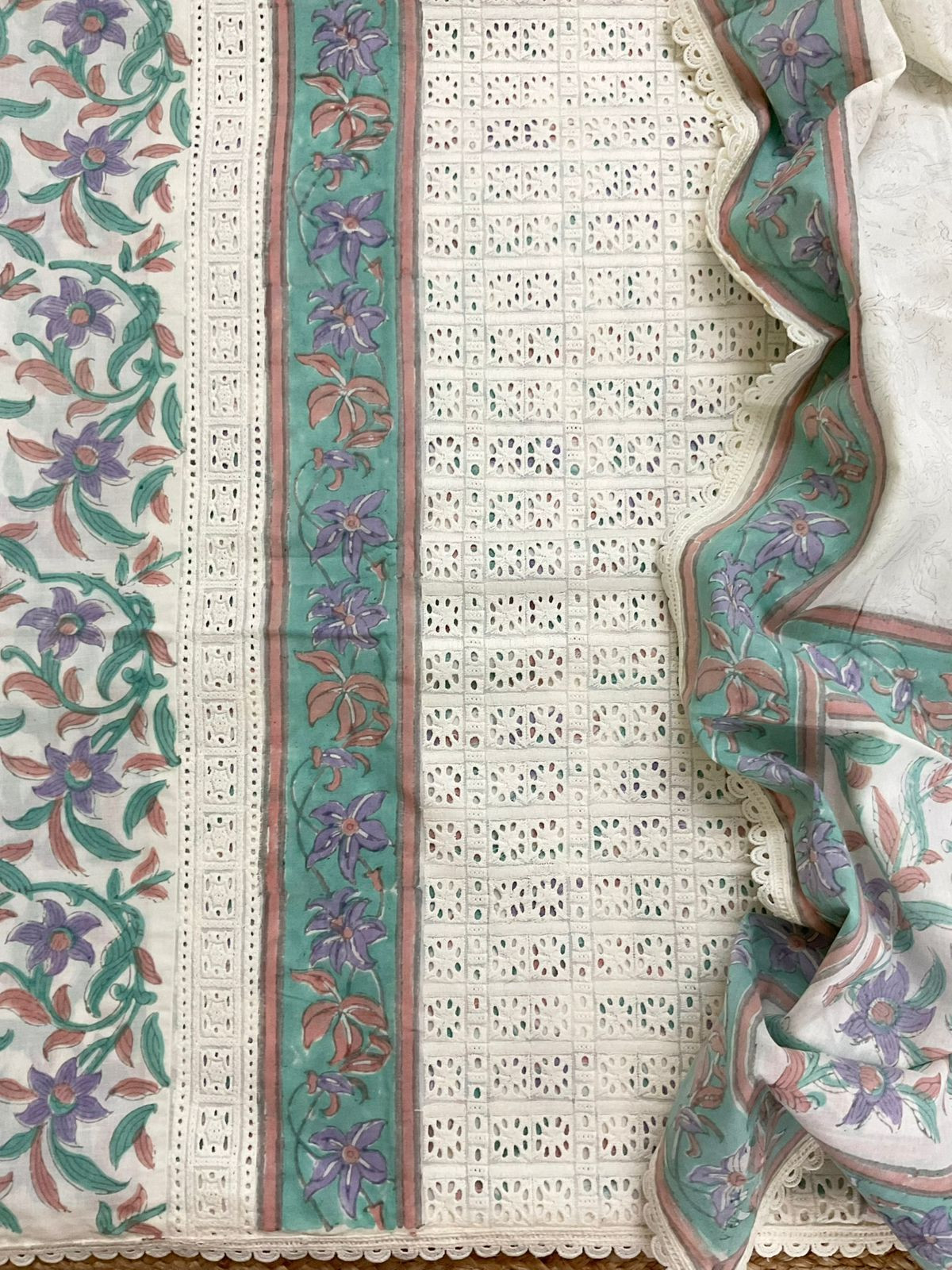 Pure Cotton Block Printed Embroidered Suit - Off White