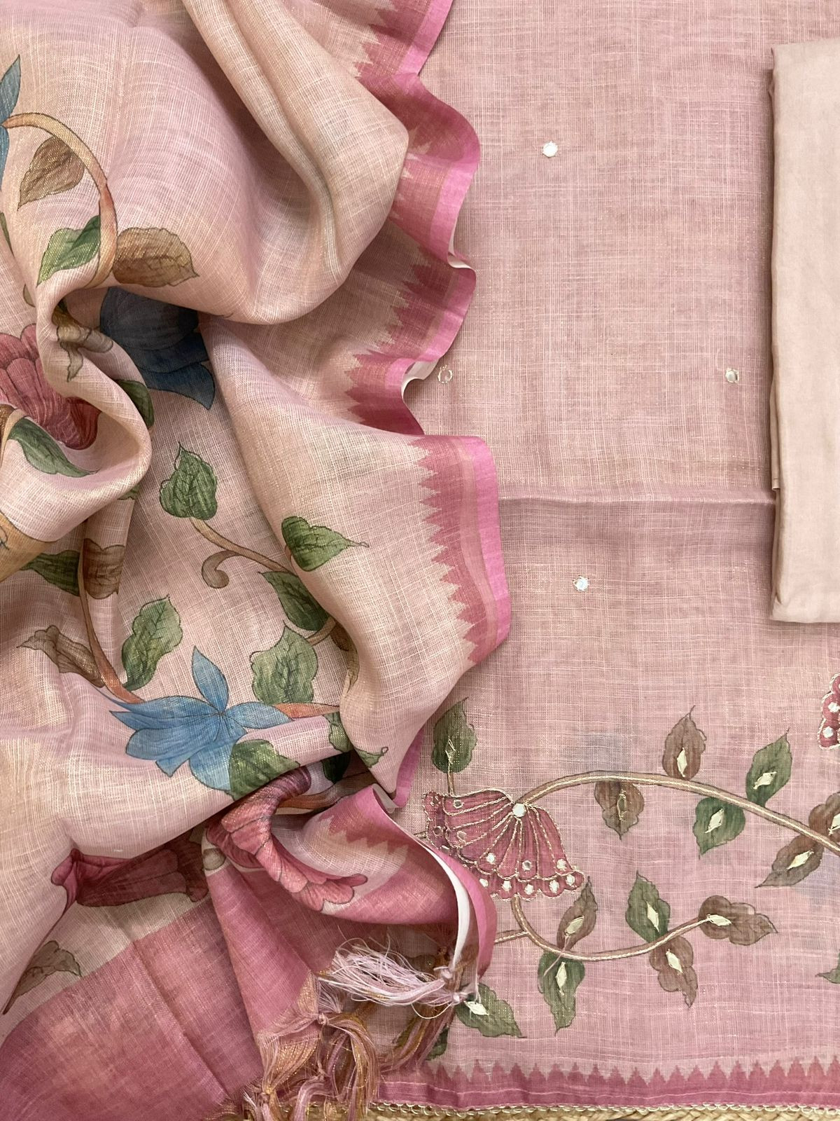 Soft Tissue Slub Cotton Printed Embroidered Suit - Onion Pink