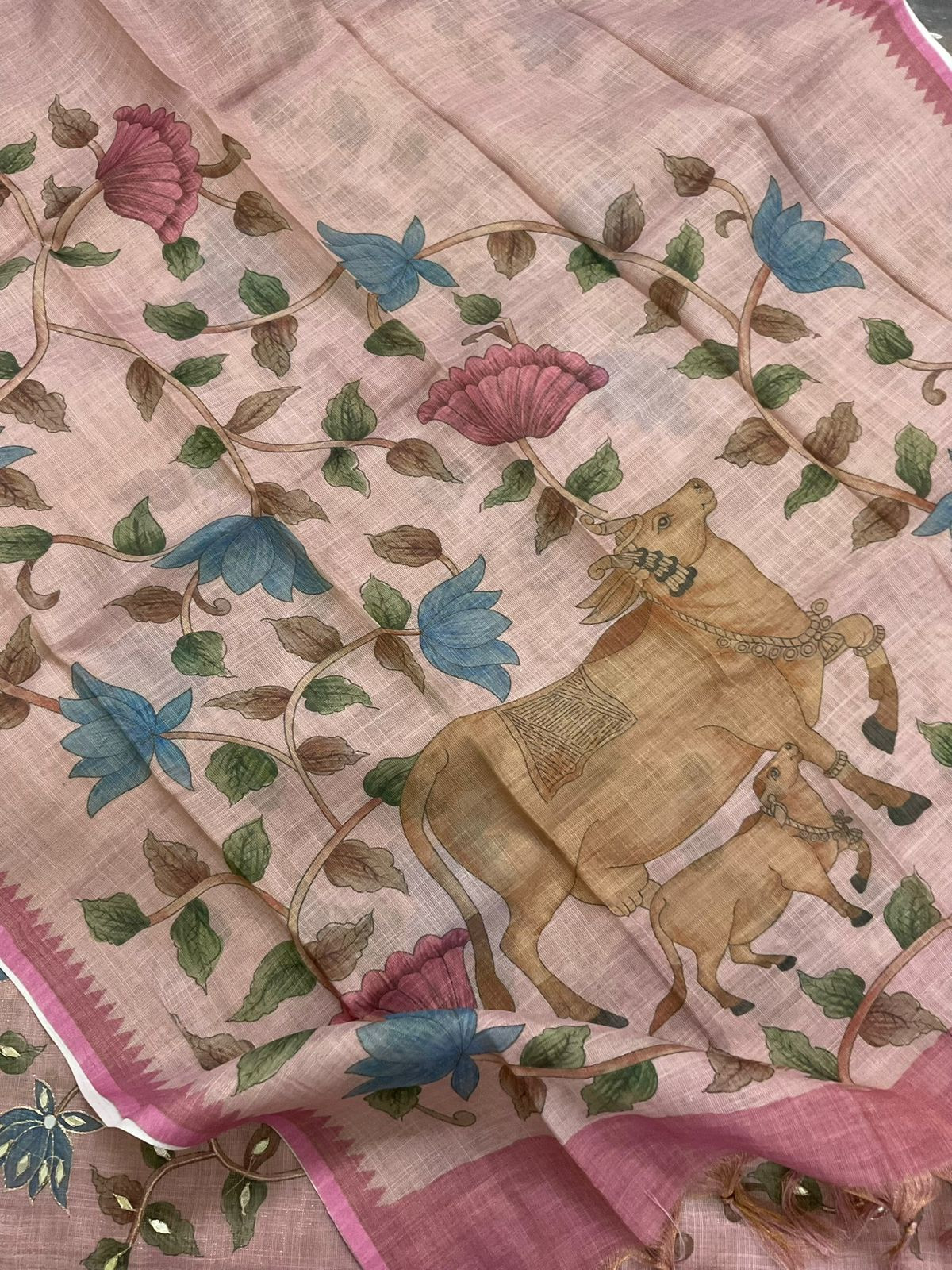 Soft Tissue Slub Cotton Printed Embroidered Suit - Onion Pink
