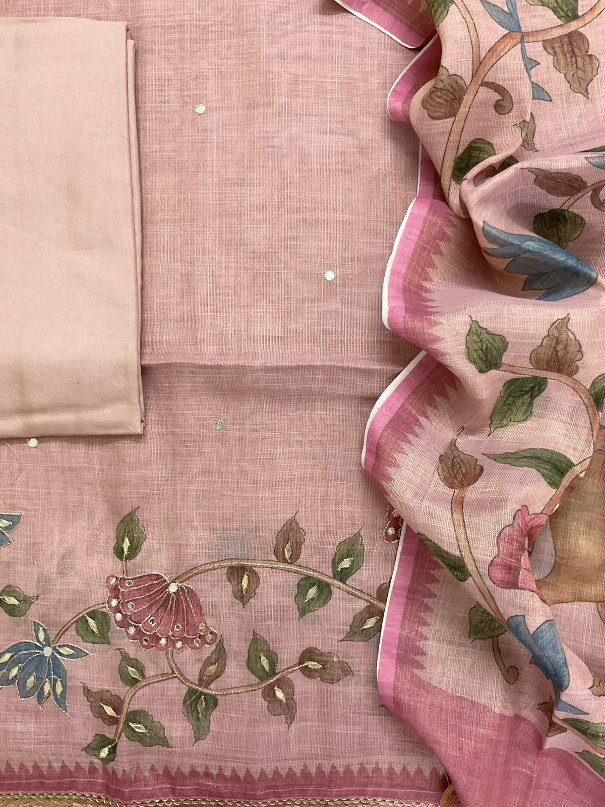 Soft Tissue Slub Cotton Printed Embroidered Suit - Onion Pink