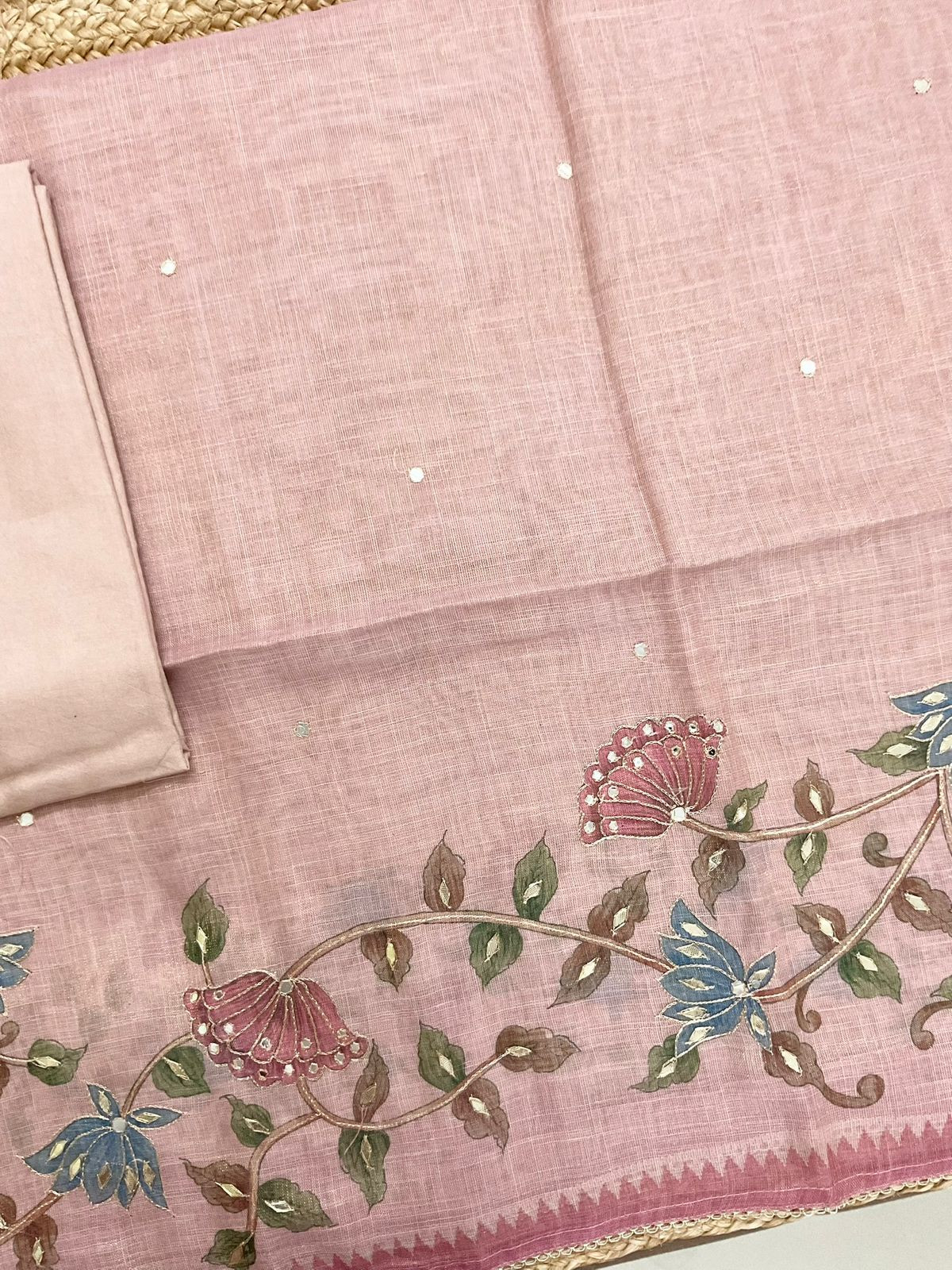 Soft Tissue Slub Cotton Printed Embroidered Suit - Onion Pink