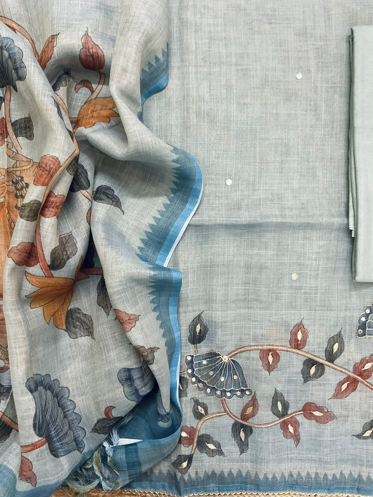 Soft Tissue Slub Cotton Printed Embroidered Suit -Blue