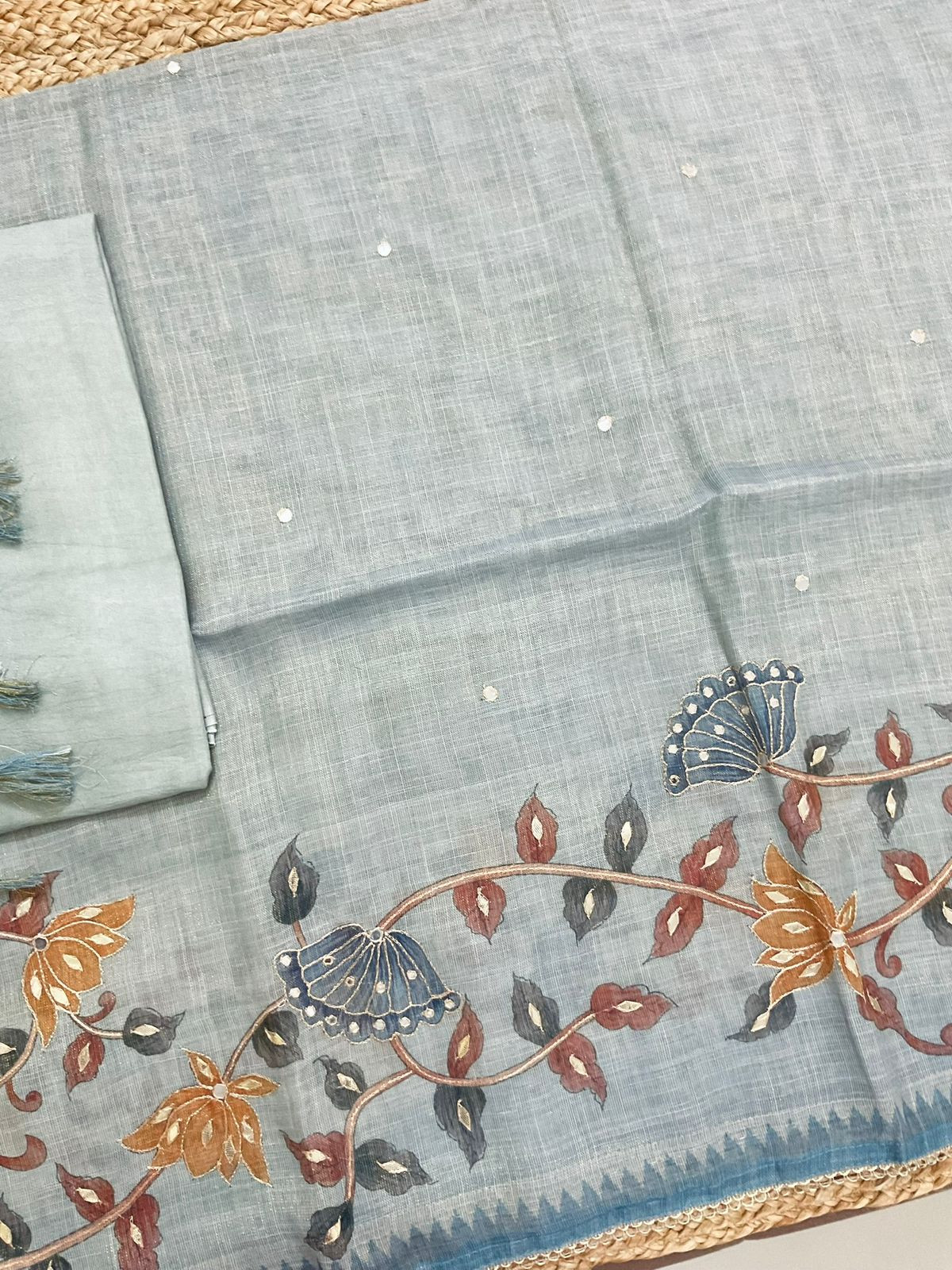 Soft Tissue Slub Cotton Printed Embroidered Suit -Blue