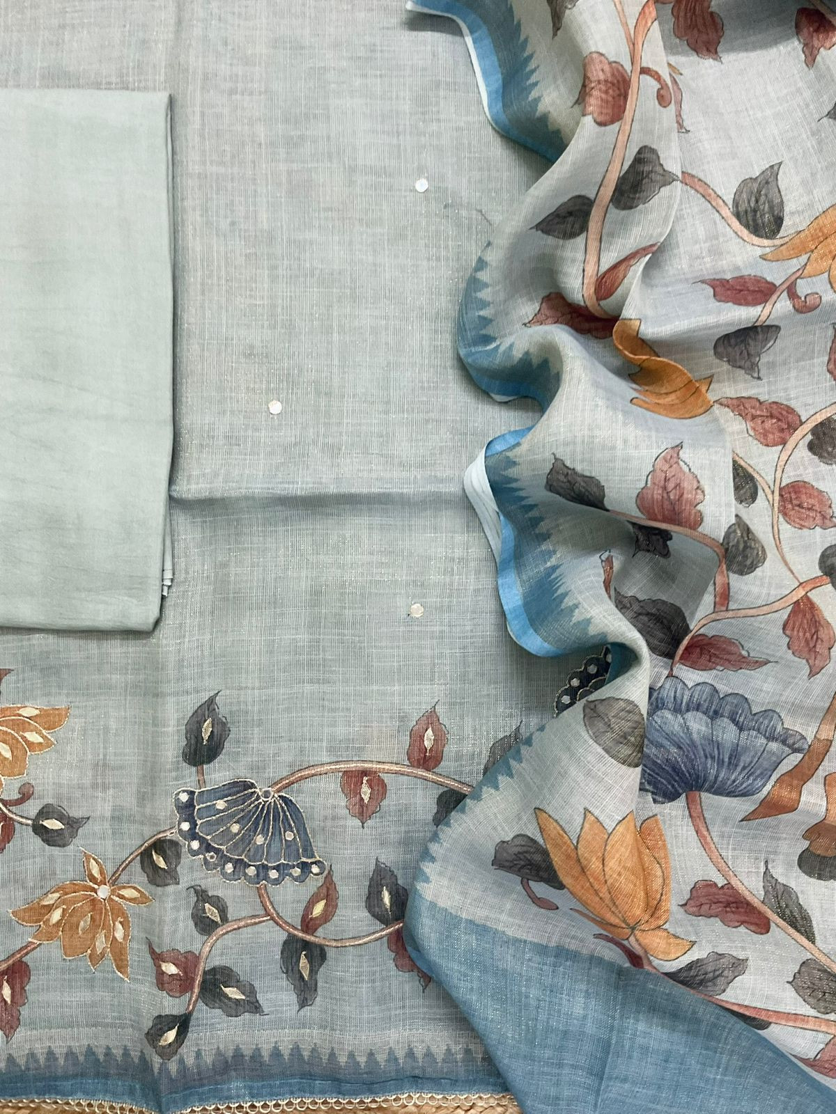 Soft Tissue Slub Cotton Printed Embroidered Suit -Blue