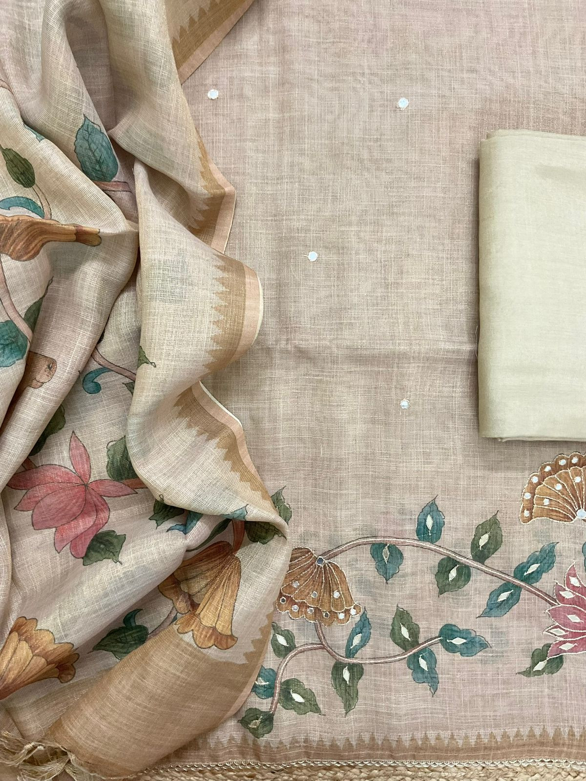 Soft Tissue Slub Cotton Printed Embroidered Suit -Beige