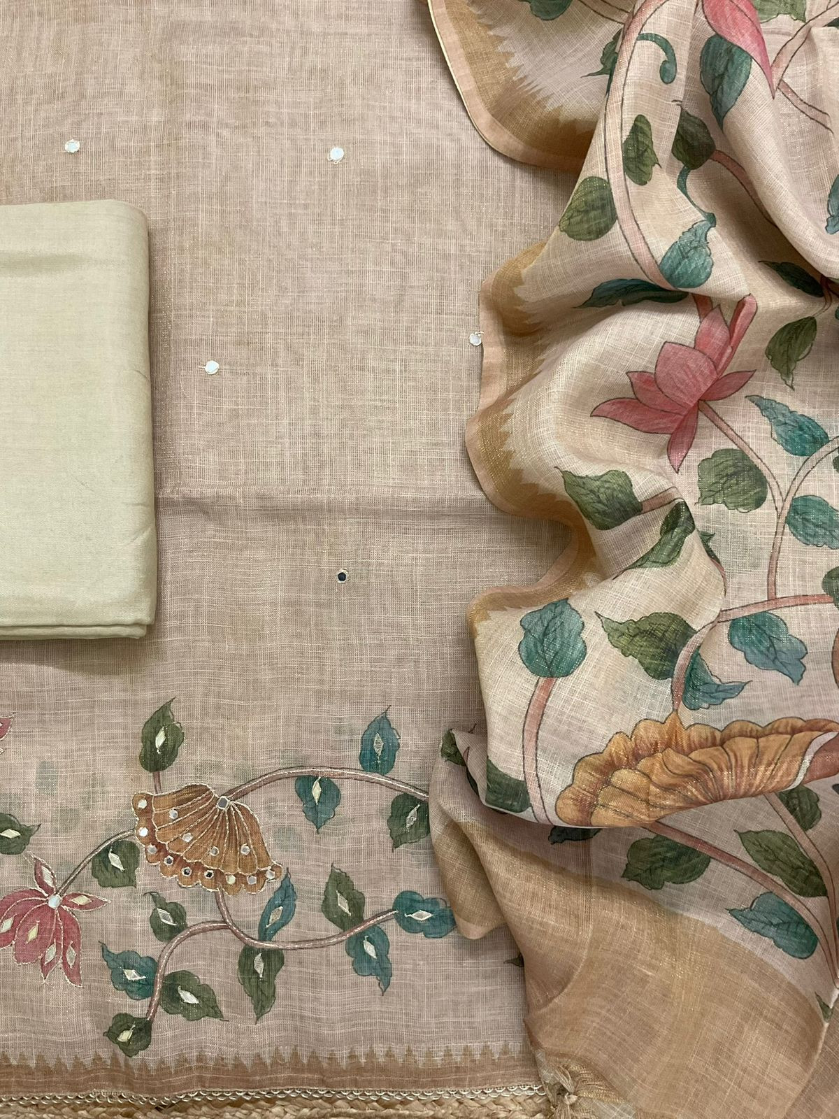 Soft Tissue Slub Cotton Printed Embroidered Suit -Beige
