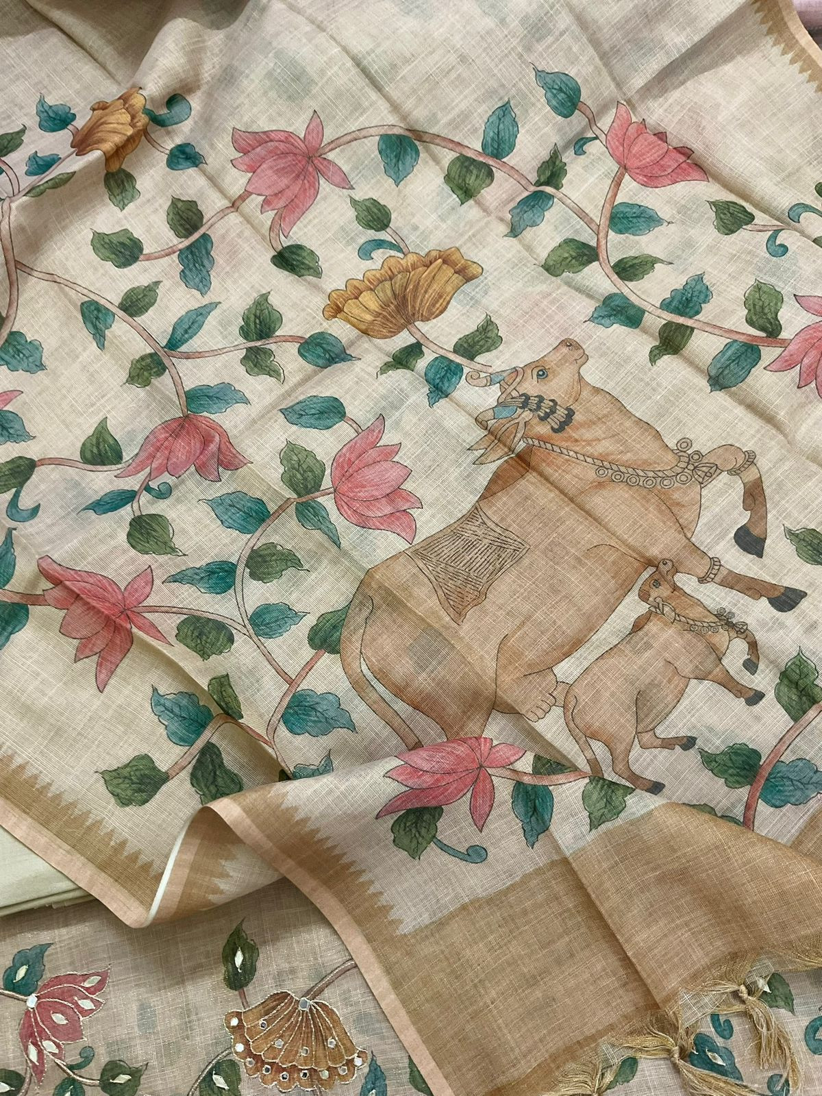 Soft Tissue Slub Cotton Printed Embroidered Suit -Beige