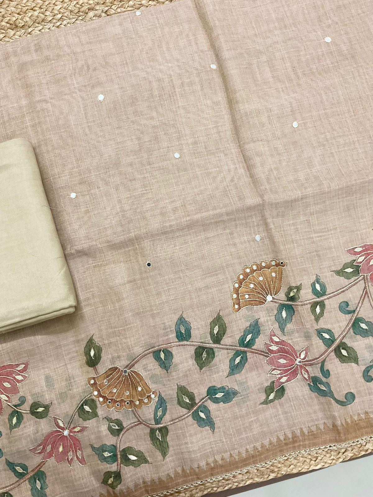 Soft Tissue Slub Cotton Printed Embroidered Suit -Beige