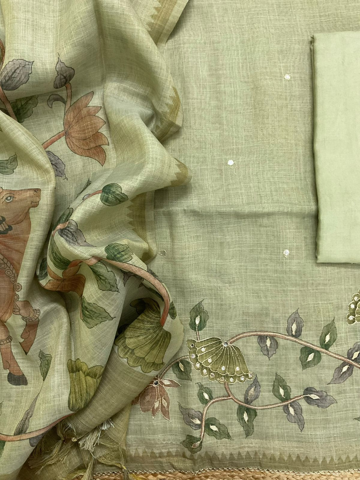 Soft Tissue Slub Cotton Printed Embroidered Suit -Green