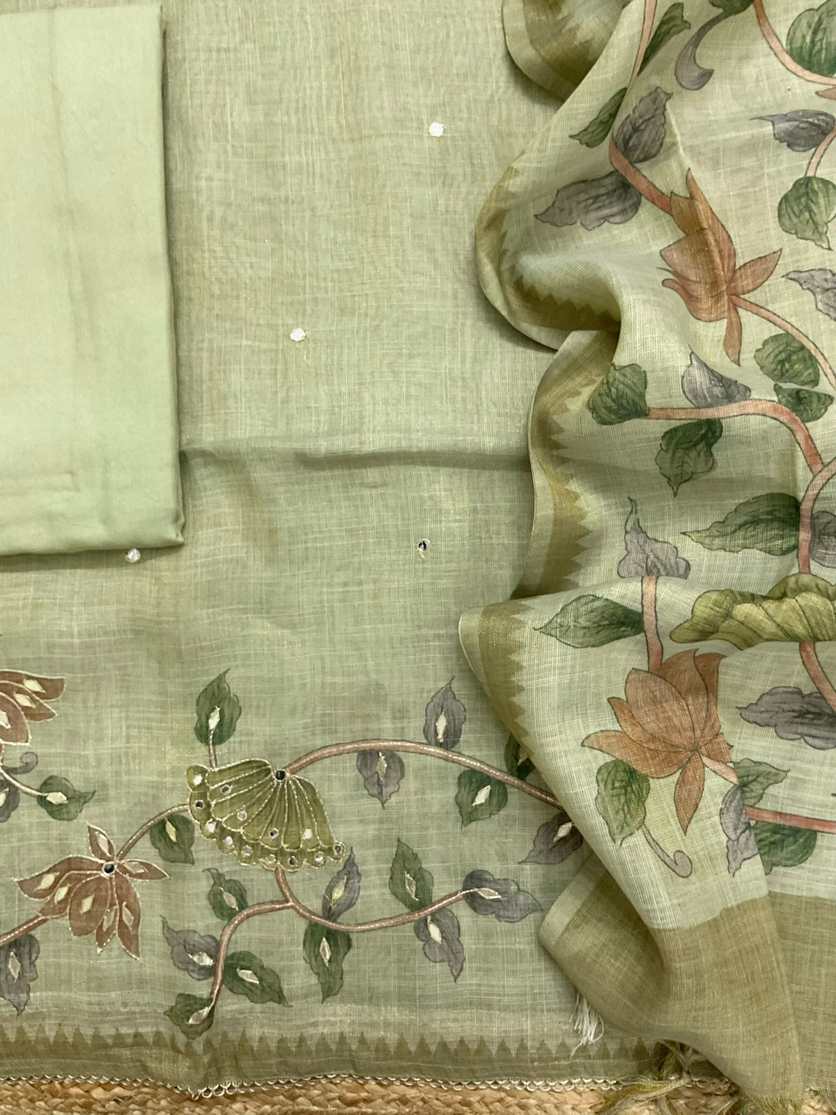 Soft Tissue Slub Cotton Printed Embroidered Suit -Green