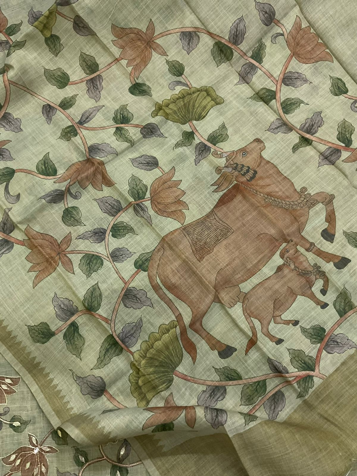 Soft Tissue Slub Cotton Printed Embroidered Suit -Green