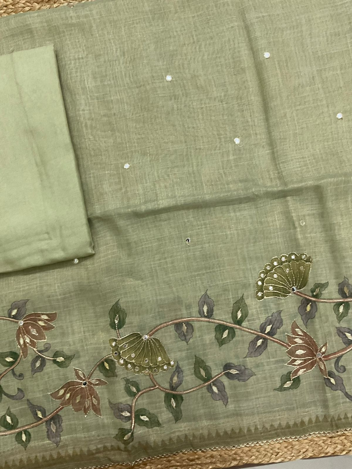 Soft Tissue Slub Cotton Printed Embroidered Suit -Green