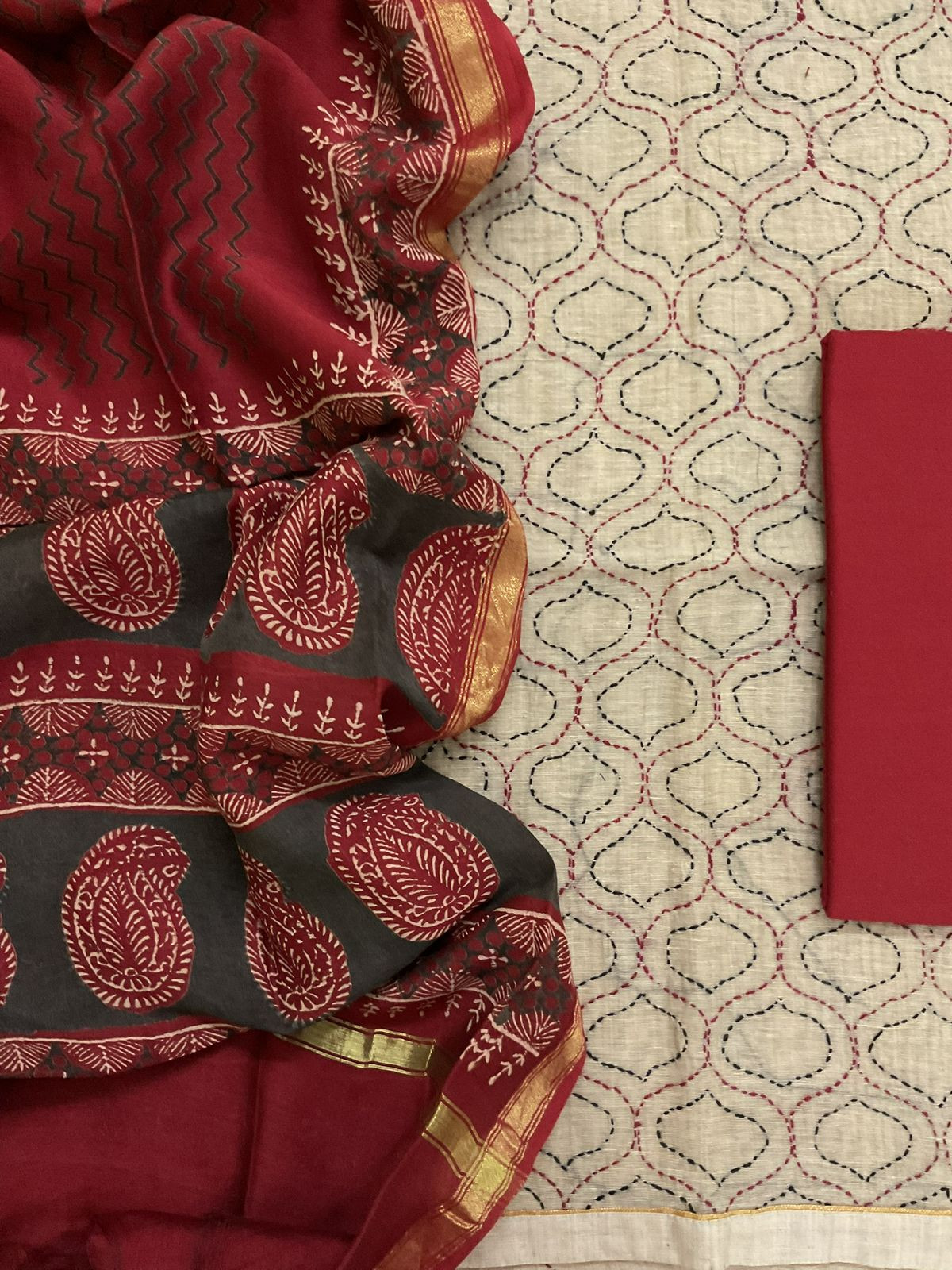 Soft Slub Chanderi Printed Embroidered Suit - Beige