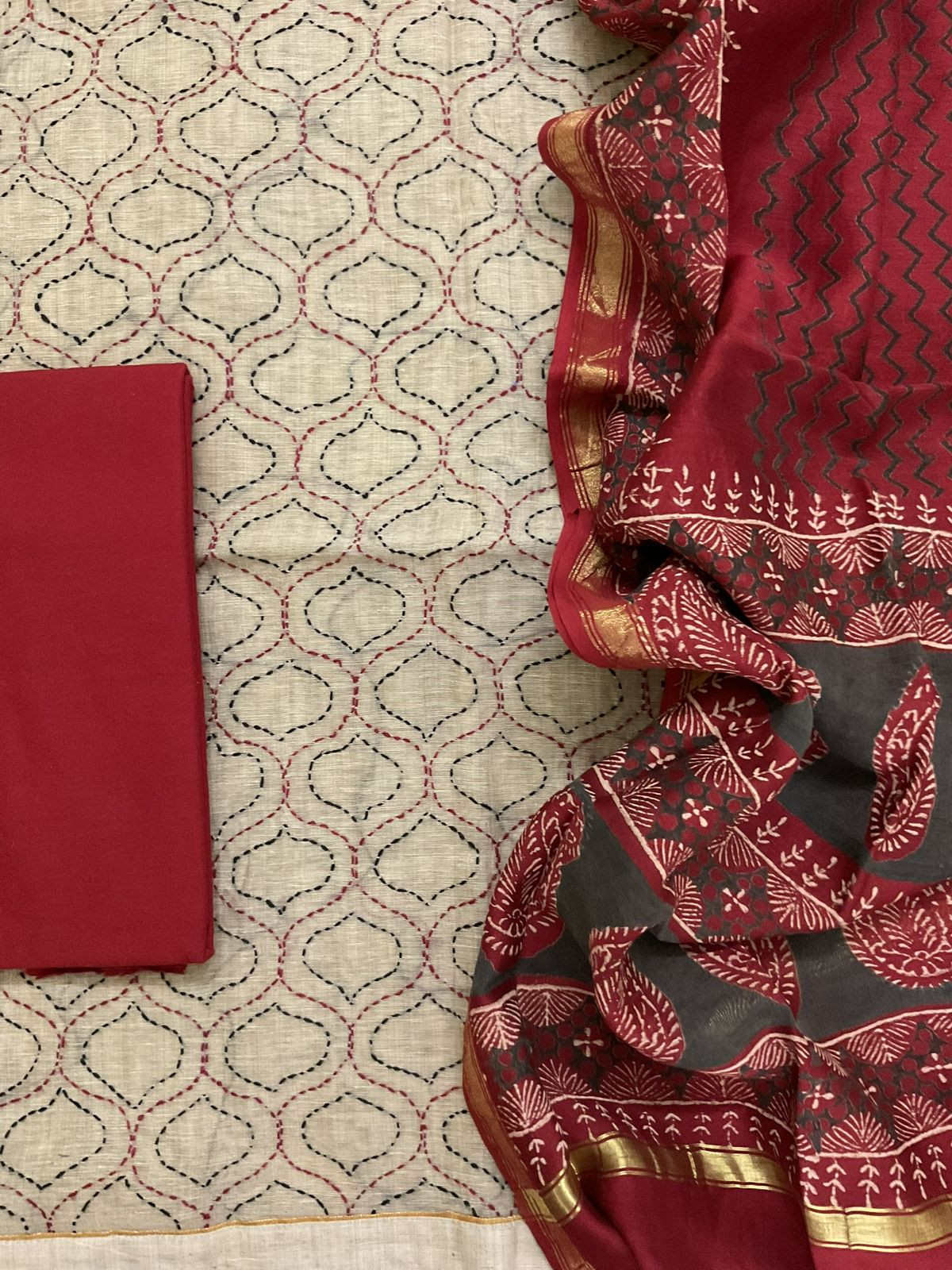 Soft Slub Chanderi Printed Embroidered Suit - Beige