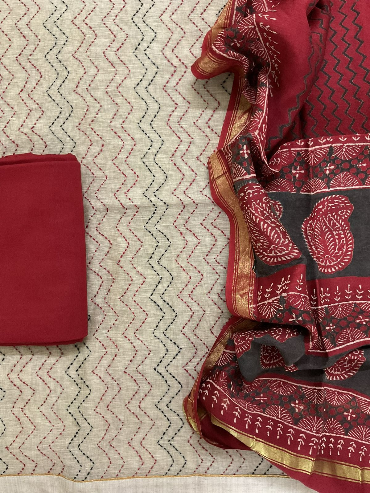 Soft Slub Chanderi Printed Embroidered Suit - Beige